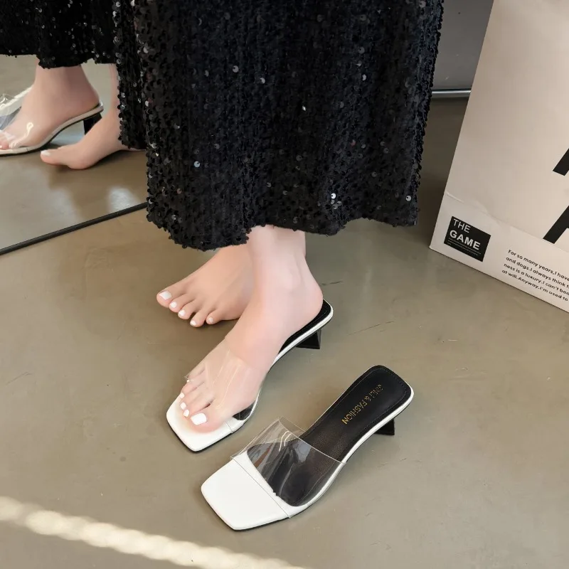 

Transparent Slippers for Women 2026 Summer New Fashion Versatile Medium Chunky Heel One-strap High Heel Slippers
