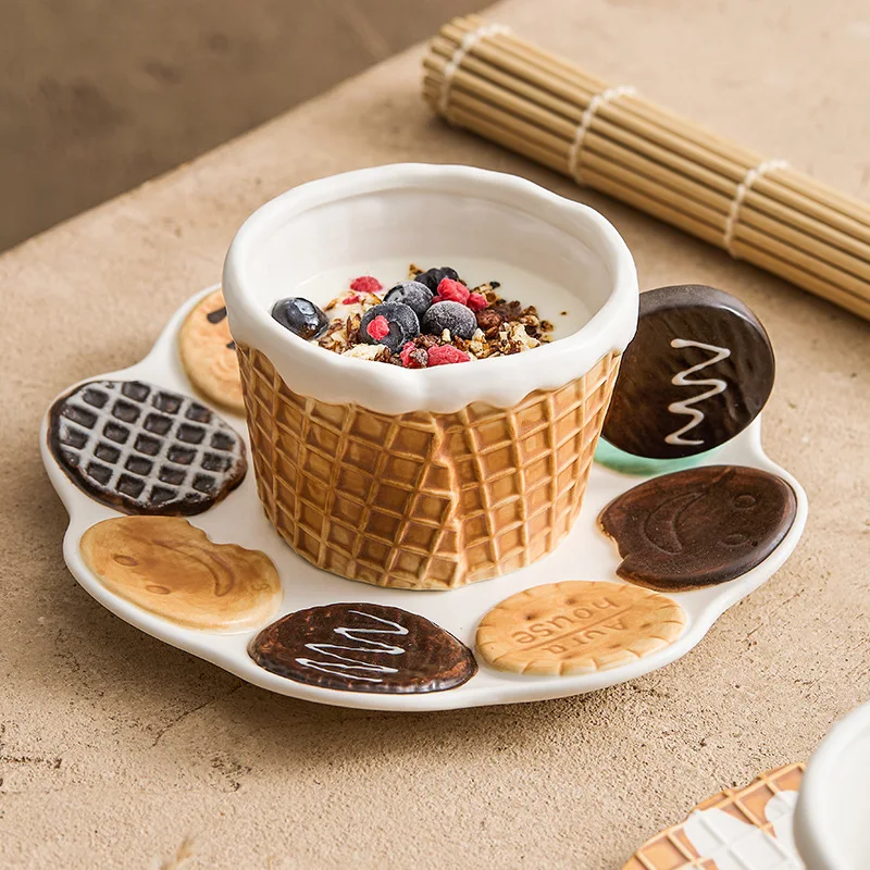 Cute Waffle Biscuit Series Shape Mug Coffee Cups with Handle Breakfast Oat Cup Teacup Dessert Plate Gift for Friends Girls