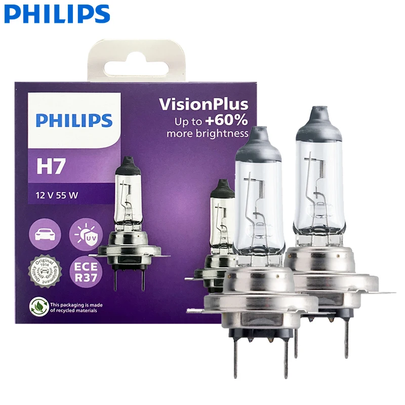 PHILIPS Original H7 12V 55W Car Halogen Headlight VisionPlus PX26d +60% Bright High Low Beam Upgrade Bulbs ECE Mark 12972VPS2,2X