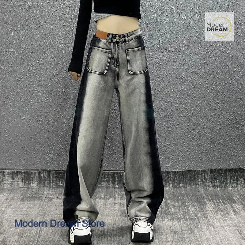 Amerikanische grau-schwarze farblich passende Plus-Size-Jeans für Damen im Frühling und Herbst, gerader Schlauch, lockeres Design, Joker-Mopp-Hose mit weitem Bein