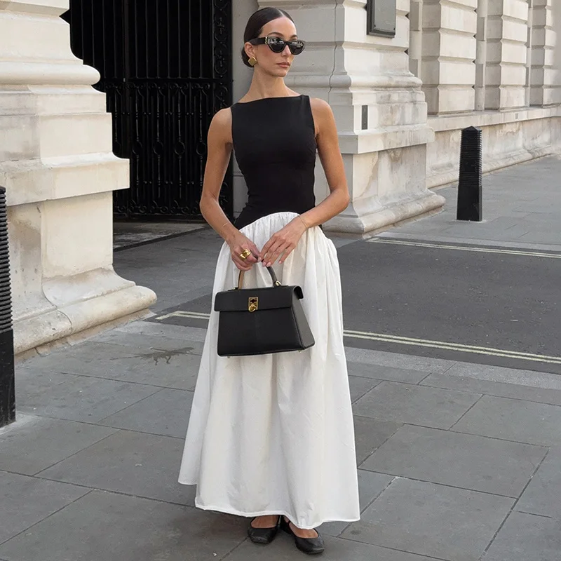 

Tornova Elegant Contrast Vest Long Dress Women's O Neck Sleeveless A-line Dress High Waist Casual Vacation Female Fashion Dress