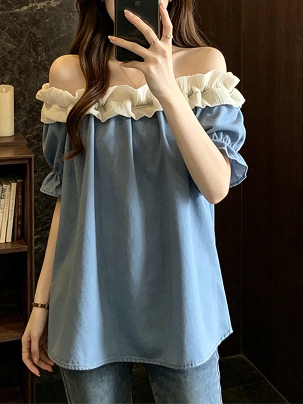 

Summer 2026 Women's Korean Style Shoulder Bows Denim Short Sleeve Top Ageless Fashion plus Size Belly Concealing Shirt