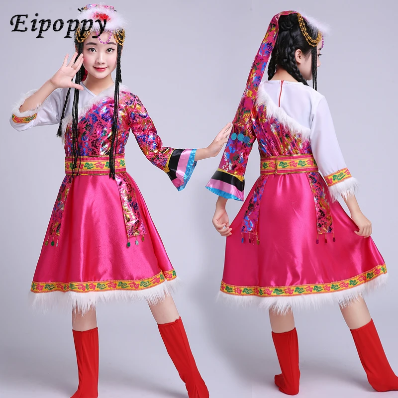 子供のためのtibetanダンスコスチューム,ノースリーブ,エスニック衣装,新しいコレクション