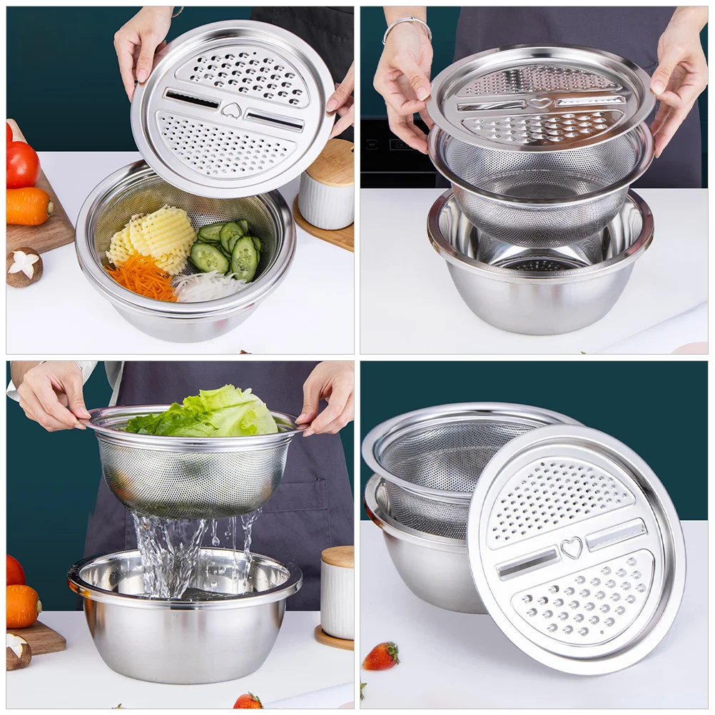 

1Set Three-in-One Grater Basin Stainless Steel Vegetable Cutter Drain Basket Multipurpose Washing Basin Kitchen Storage Tool