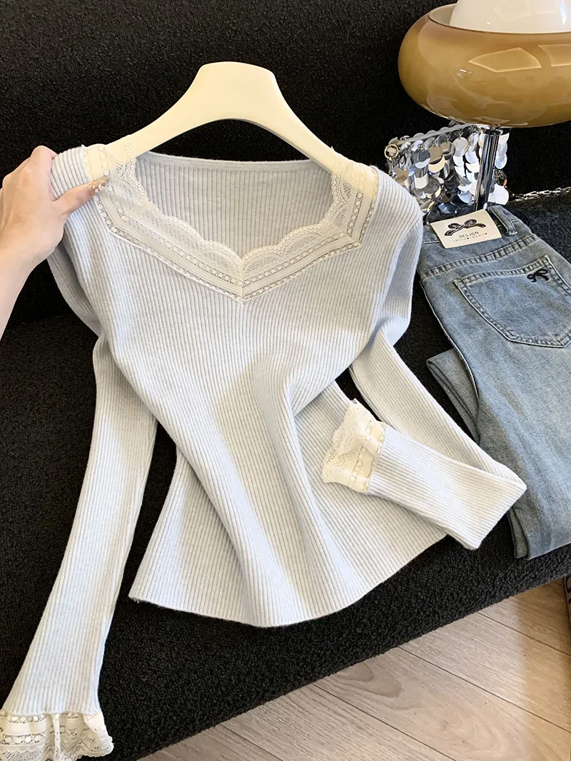 

Французский вязаный свитер с кружевными вставками и квадратным вырезом, женский, с длинными рукавами, базовый топ, элегантный красивый топ