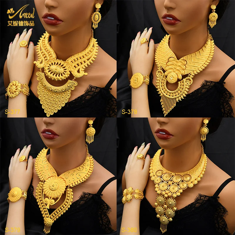 New 24K Gold Plated Dubai Bridal Necklace Earrings Ring Bracelet Set Indian Ladies Jewelry Set In Stock