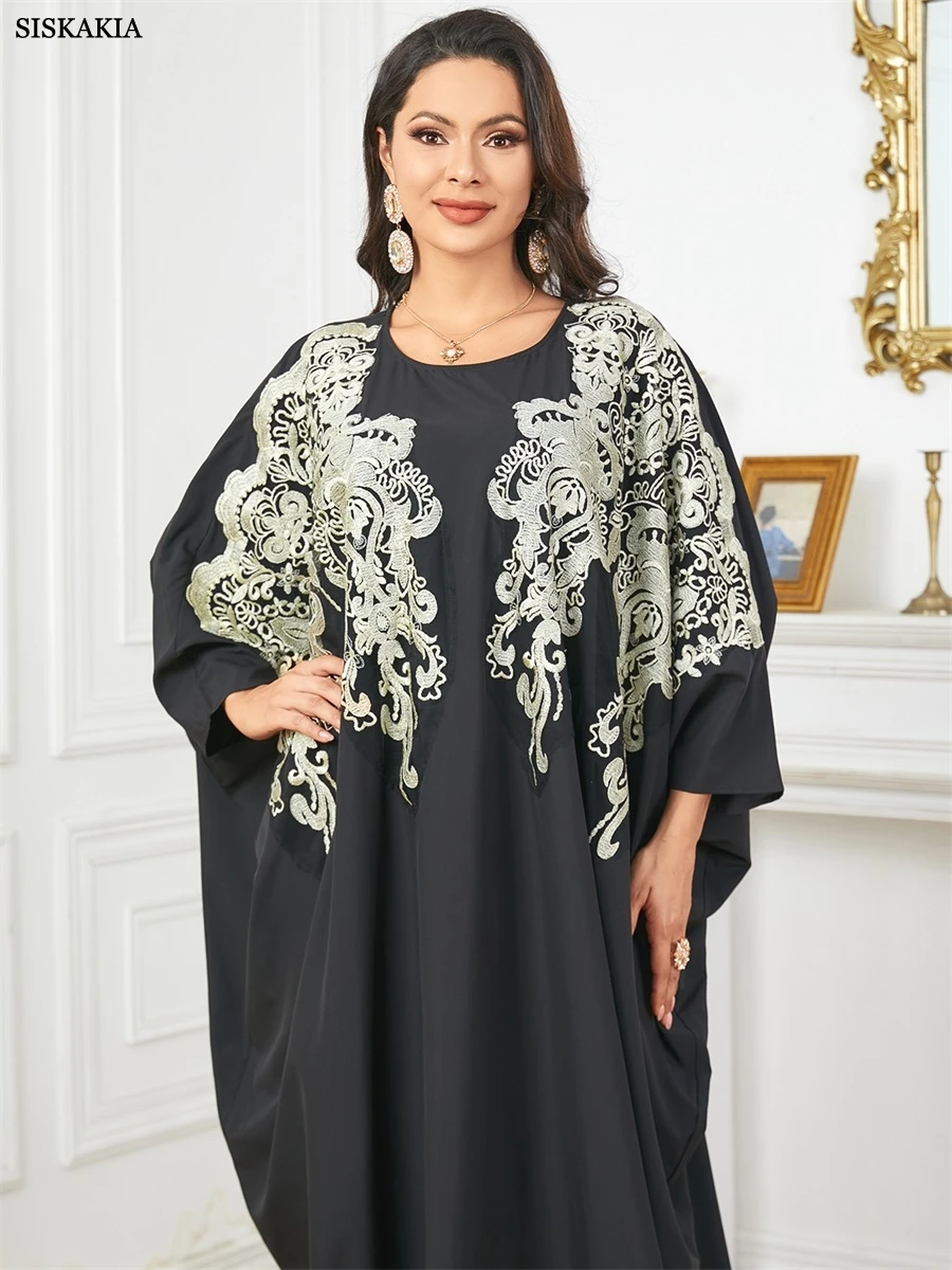 Siskakia Casual Appliques Batwing Sleeve Saudi Moroccan Homewear Muslim African Women Dresses Turkish Gulf Kaftan Islam Clothing