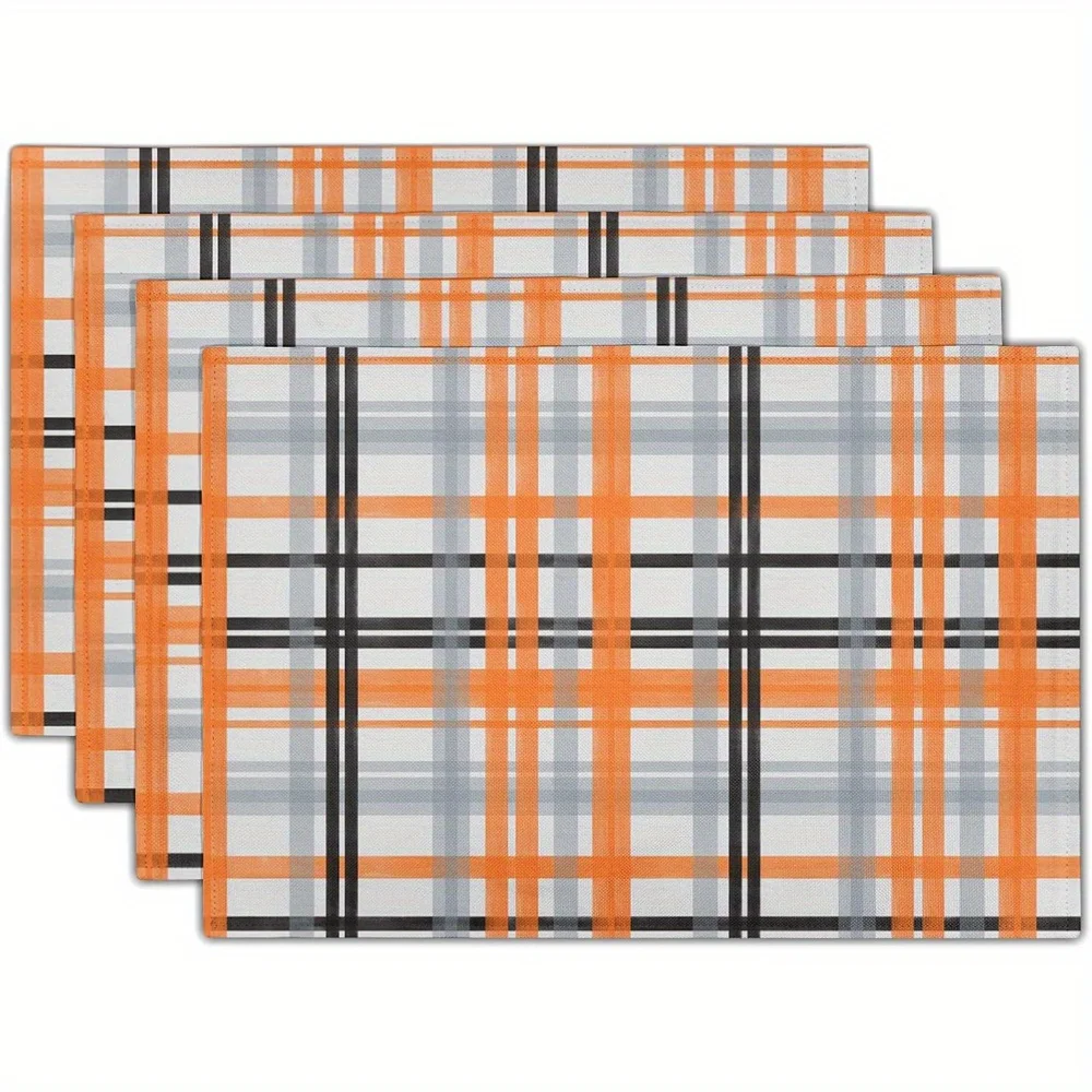 

4pcs Orange Grey Black Checkered linen placemat, 12 x 18 Inches, Washable Table Mats for Home Decor