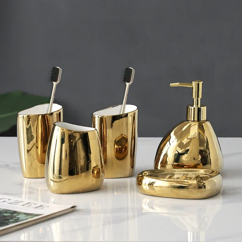 

Golden ceramic bathroom five piece set toiletries set toothpaste dispenser soap box toothbrush holder set bathroom accessories