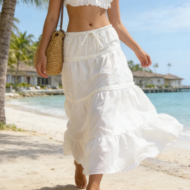 

Летняя женская белая длинная юбка с завязками и бантом, однотонная, с низкой талией, пышная, повседневная, свободная, комбинированная, макси-юбка для уличного стиля