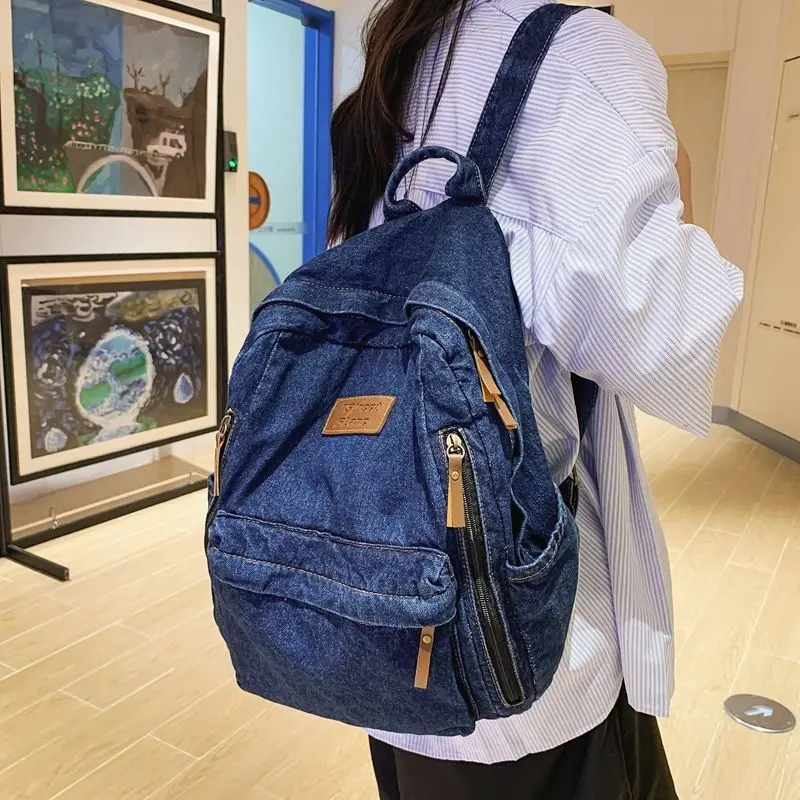 

School Trend Student Jeans Bag Multi Pockets Denim Backpacks Large Capacity Rucksack Mochila De Escola Feminina 2024 Travel Bags