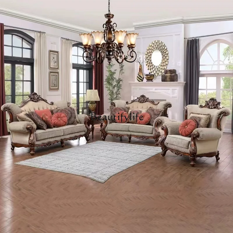 -*American all-solid wood leather sofa European light luxury villa large luxury living room