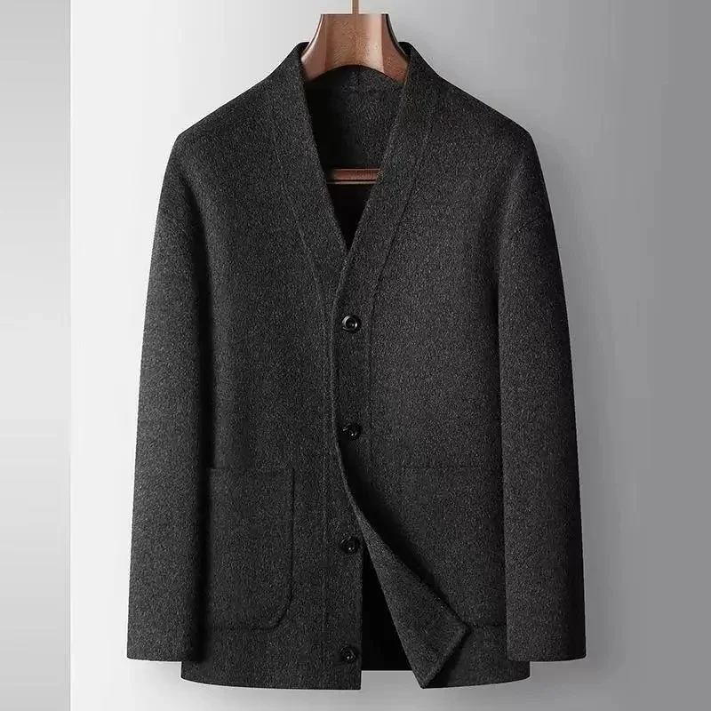 Autumn Winter Men No‑Collar Wool Blend Jacket V‑Neck Cardigan Business Thick Outerwear