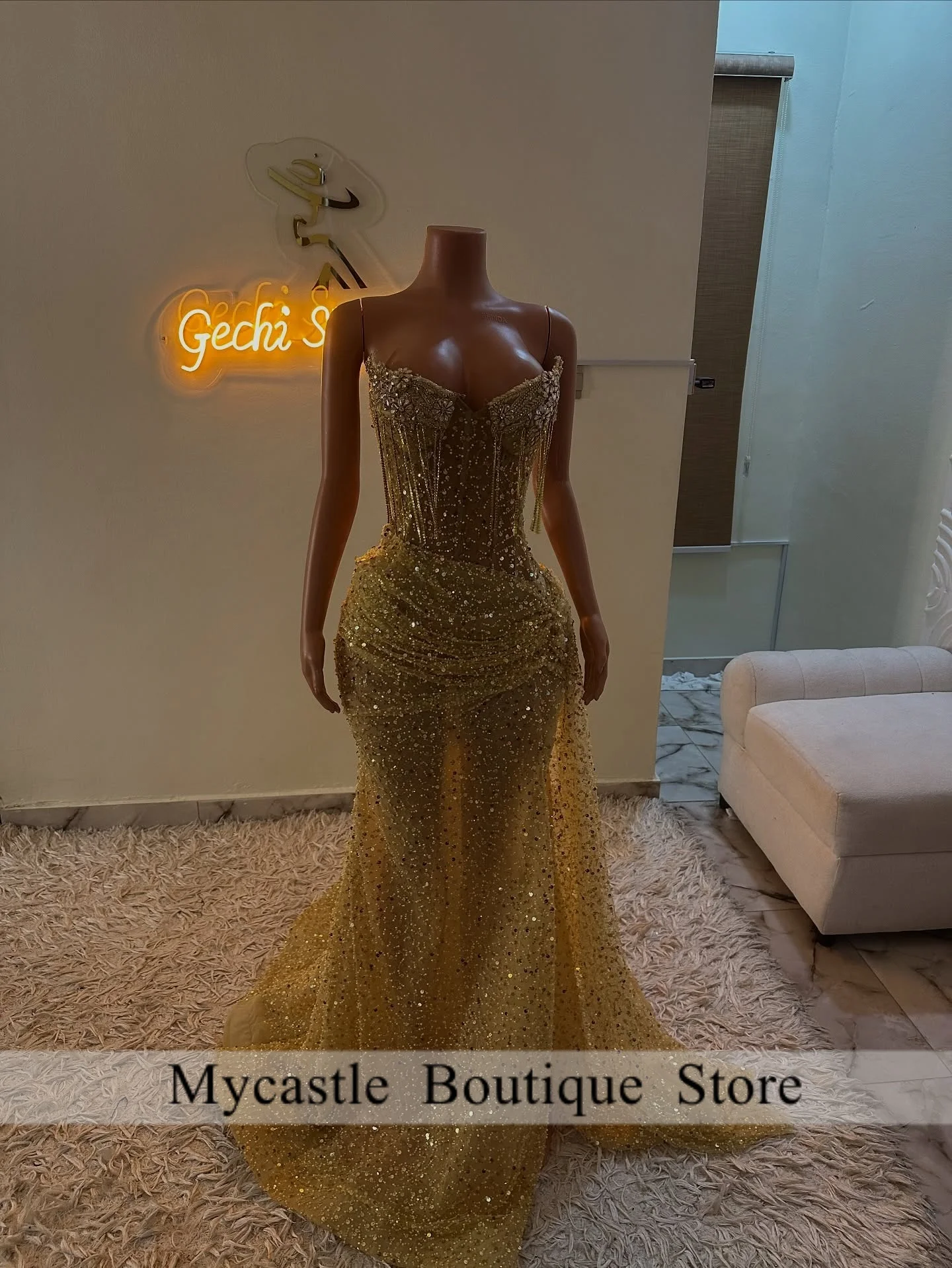 Nuevo Vestido De fiesta personalizado con diamantes dorados 2026 Vestido De fiesta Formal con borlas De cristal para niñas negras Vestido De fiesta Vestido De noche brillante