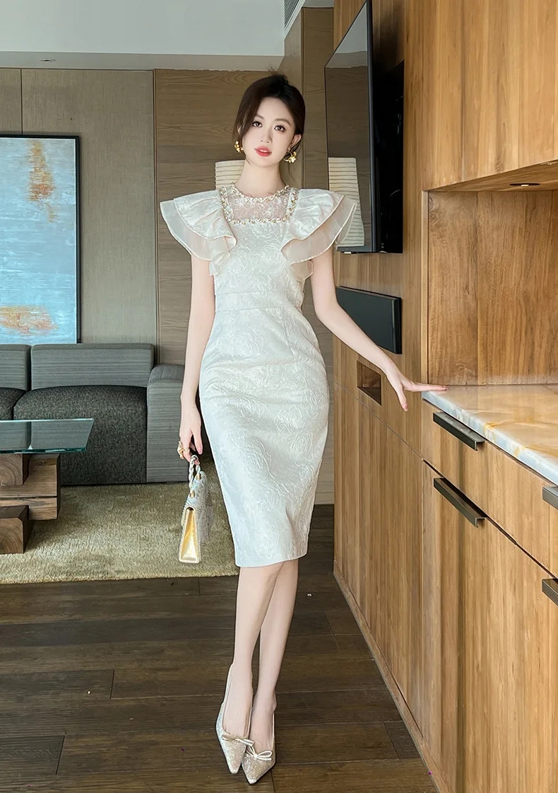 Summer new women's wear ladylike temperament design diamond square neck lotus leaf sleeve hip dress
