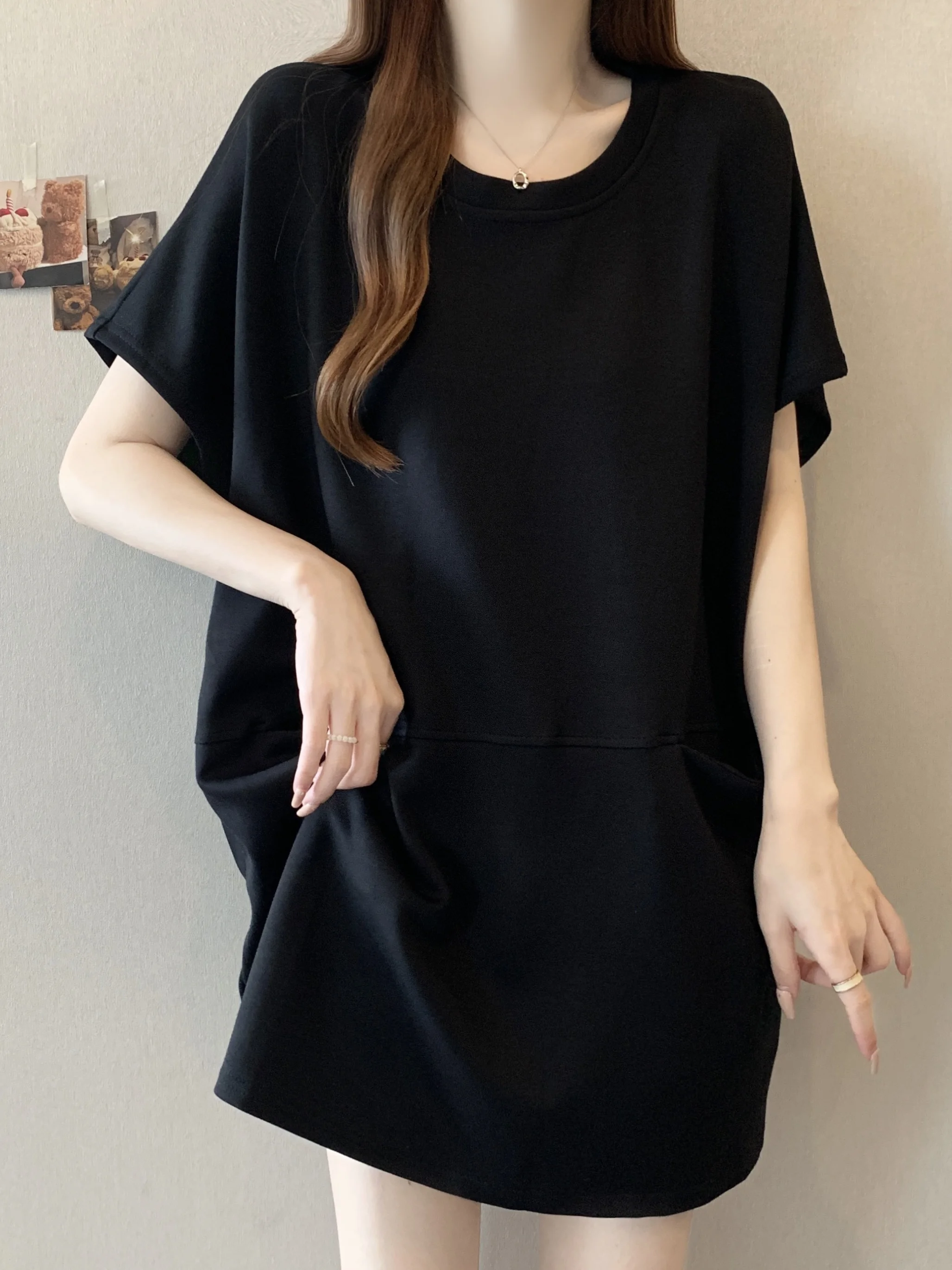 

plus Size Women's T-irt with ket oulder Design ort Sve Mid-Length Base irt Summer Loose Fit Princ Sle Cotton