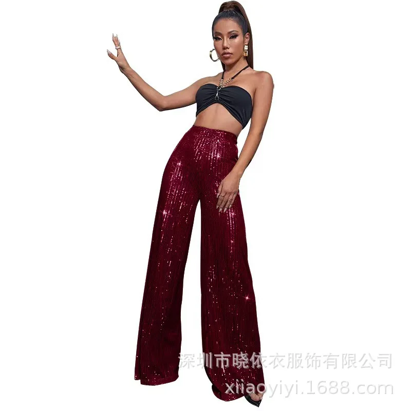 New Women's Solid Color Wide-leg Pants Casual Fashion Elegant Black Sequins Holiday For Women Long Pant Womens Clothing