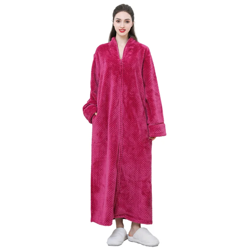 New Thickened Zipper Nightgown Flannel Nightgown Autumn and Winter Sleepwear Solid Color Men\'s and Women\'s Bathrobe