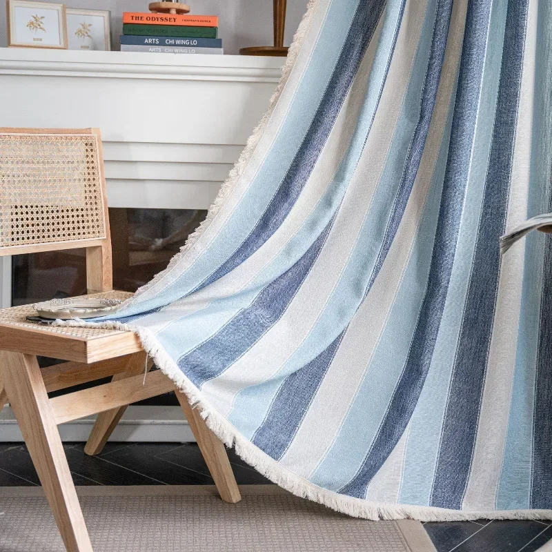 

Cotton Curtains Blue White Stripes with Tassels American Style Semi Blackout Curtain Bay Window Heat Insulation Home Decoration