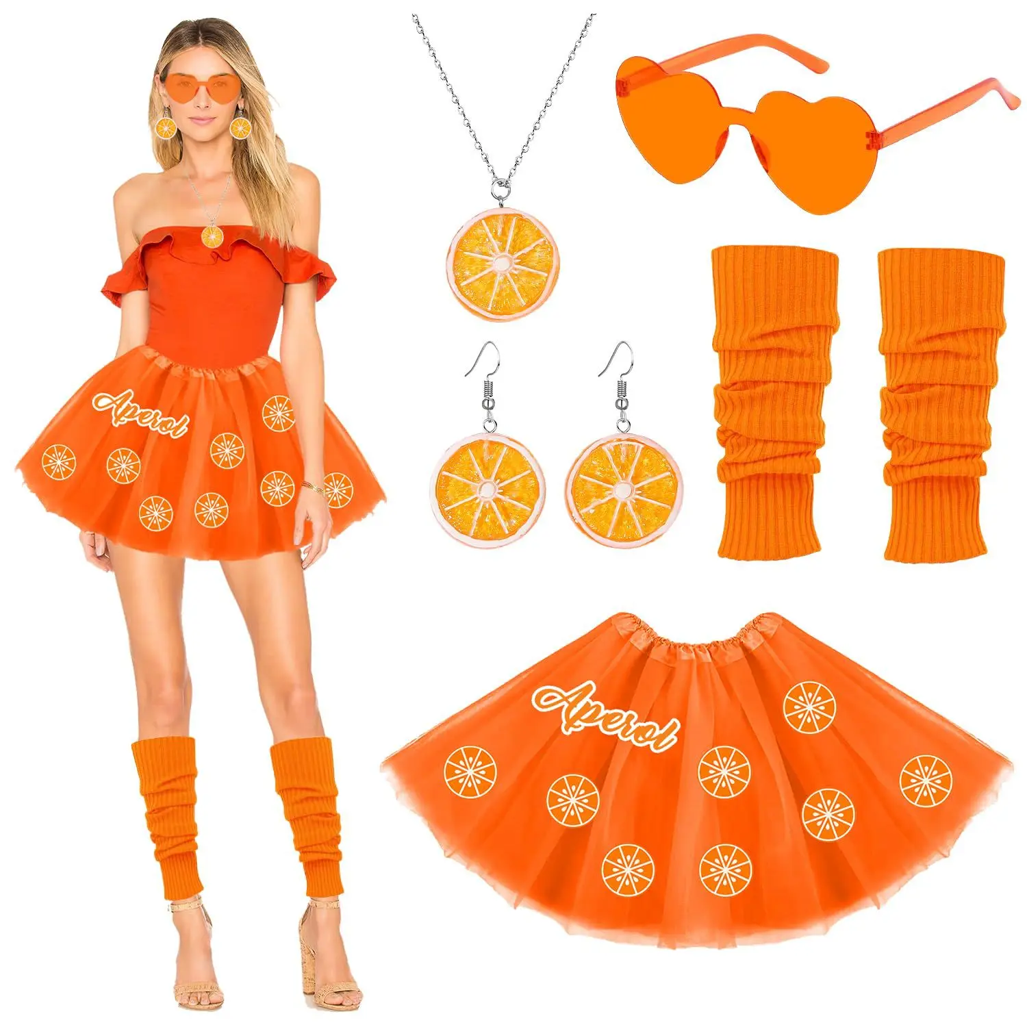

Костюм КарнавалВечеринка для взрослых Оранжевое платье Носки Повязка на голову Очки Ожерелье Серьги Набор DIY Макияж Представление Праздничные принадлежности