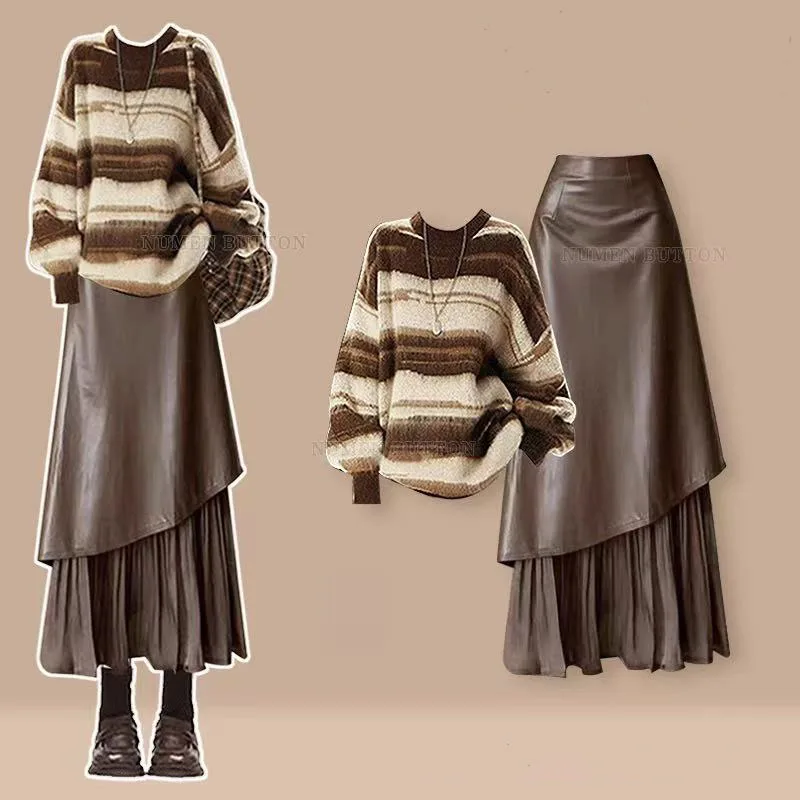French Style Light Mature Style Complete Outfit for Women Retro Striped Knitted Sweater Style Half Skirt Two-piece Setskirt Sets