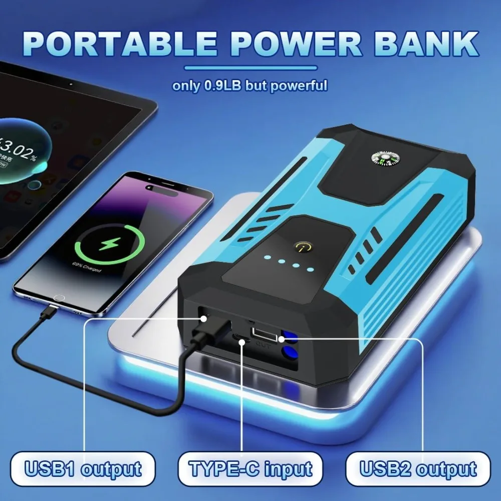 12 فولت الانتقال كاتب ل 10.0L الغاز/8.0L الديزل ، 6000A الذروة بطارية السيارة البلوز كاتب المحمولة ، IP66 صندوق القفز مقاوم للماء مع ظهور