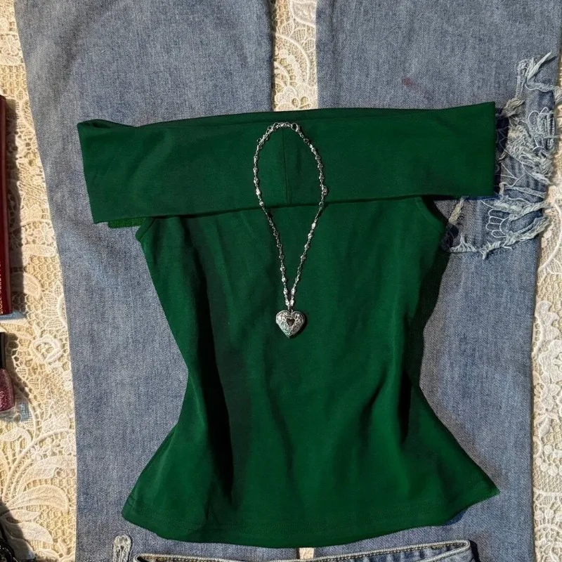 

Deeptown Y2k Green Off Shoulder Women T-Shirts Purple Vintage Elegant Sleeveless 2000s Style Tees Aesthetic Slim Casual Gyaru