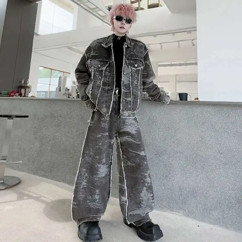 LUZHEN Loose 2025 Spring New Original Design Wornout Tie-dyed Straight Casual Pants Men's Jacket Street Two-piece Sets JY5490