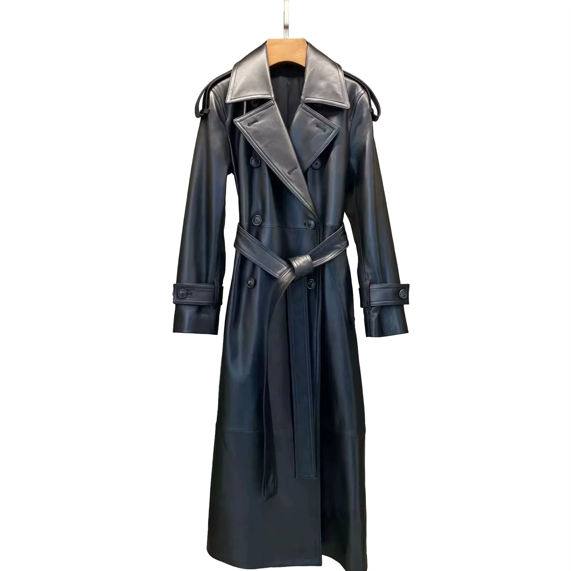 

New Arrival Long Style Black Genuine Leather Womens Trench Leather Coat With Belt