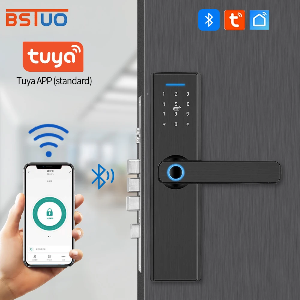 

Tuya Bluetooth Electronic Smart Door Lock With Biometric Fingerprint/RFID Card/Password/Key Unlock Tuya App Remote Unlocking