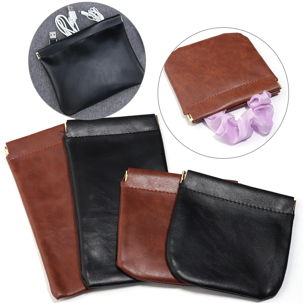 Fashion PU Leather Storage Bag Automatic Closure Waterproof Purse Portable Earphone Charging Line Cosmetic Lipstick Jewelry Bag