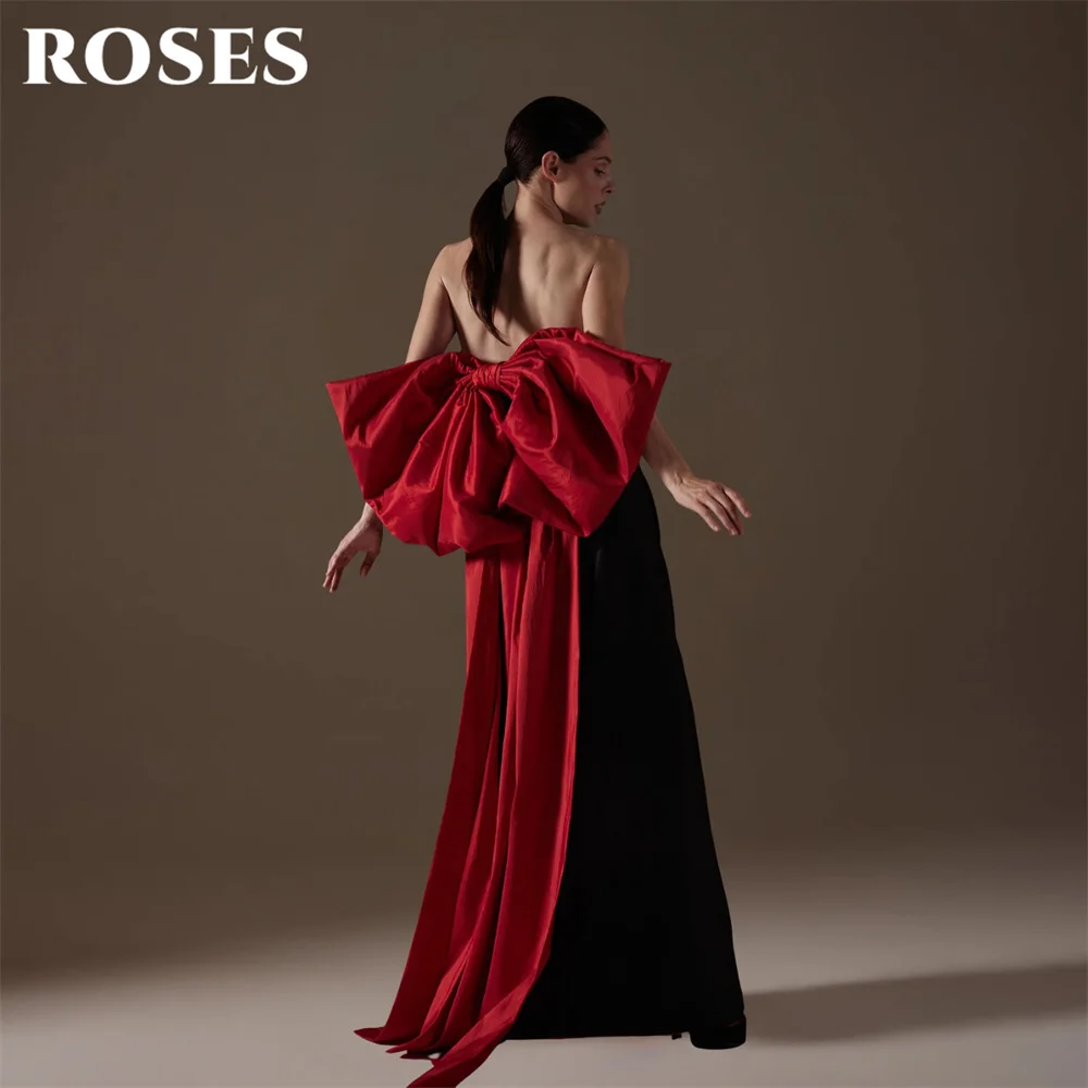 ROSES Red and Black Prom Dresses Strapless Celebrity Dresses with Statement Bow Women's Evening Dresses Formal Gown Customized
