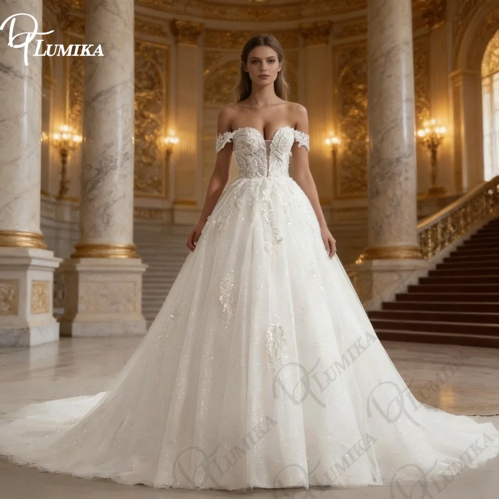 

Off Shoulder Glitter Princess Bridal Gown Customized Plus Sleeveless Sweetheart Wedding Dress for Bride Women Vestidos De Novia