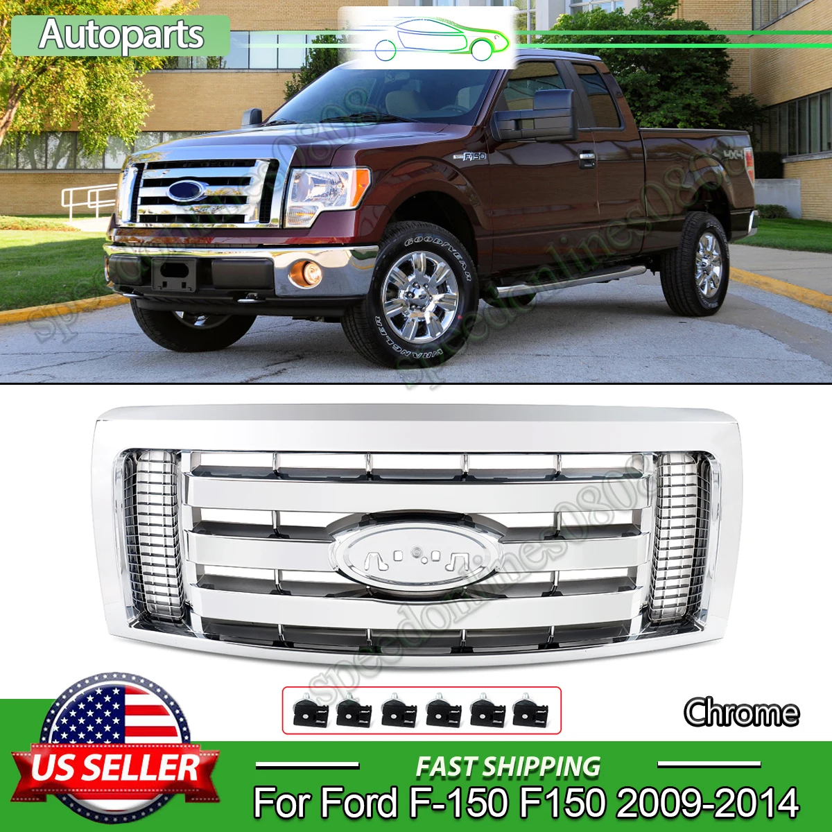 Chrome Front Grille For 2009 2010 2011 2012 2013 2014 Ford F-150 F150 XLT Front Bumper Upper Grille Modified Grill Accessories