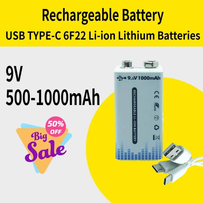 

9V Rechargeable Battery 500-1000mAh TYPE-C 6F22 Li-ion Lithium Batteries for Multimeter Microphone Walkie Talkie Remote Control