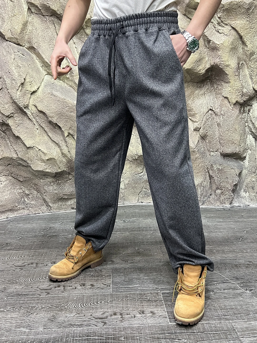 

High-Weight Floral-Silk Mixed Weave Men's Casual Pants Loose Fit Autumn Winter Warm Straight Leg Elastic Waist