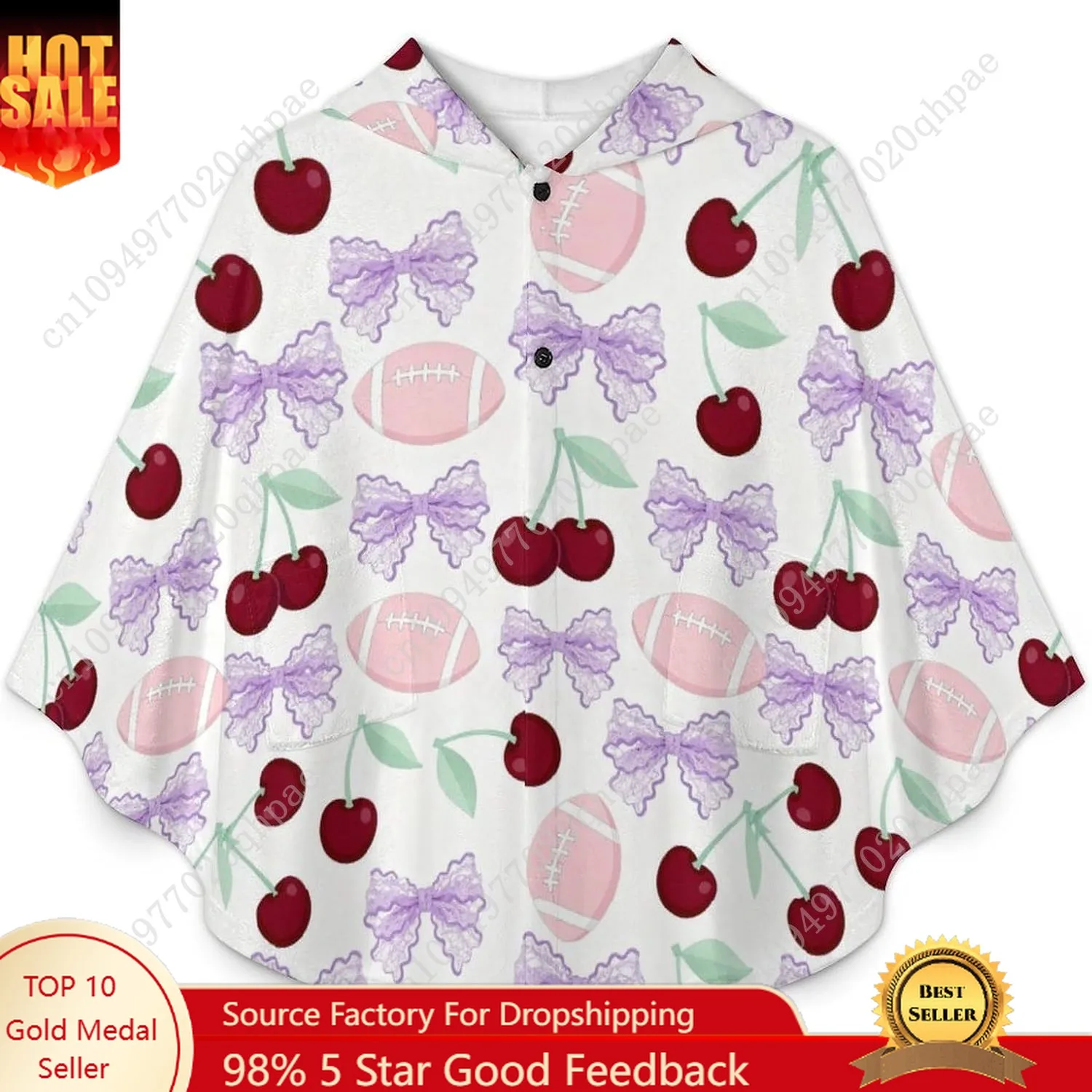 Pull couverture en flanelle confortable, sweat à capuche surdimensionné cerise avec nœud violet de football avec poches pour enfants et adolescents