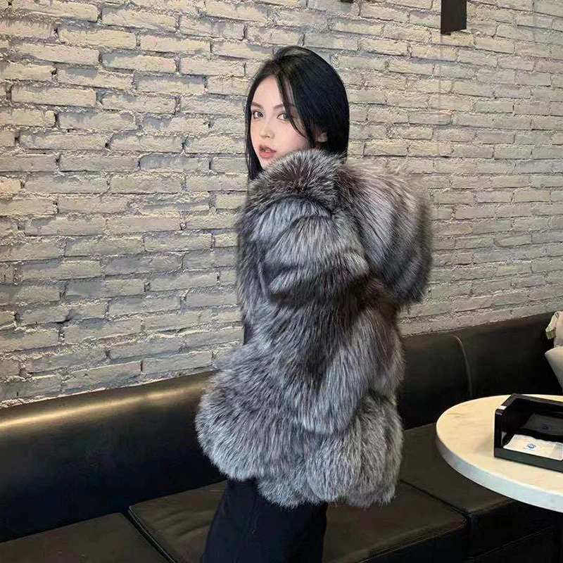 Silver Fox Fur Coat Women 2022 Winter Thick Warm Hooded Faux Fur Jacket High Quality Coats and Jackets Women Fluffy Outerwear