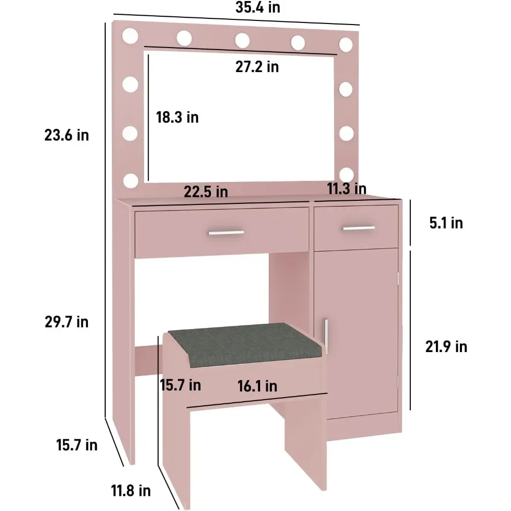 Vanity Desk with Mirror, Light, Large Drawer, Power Socket, 11 Light Bulbs, 3 Adjustable Lighting Modes,Bedroom Vanity Table