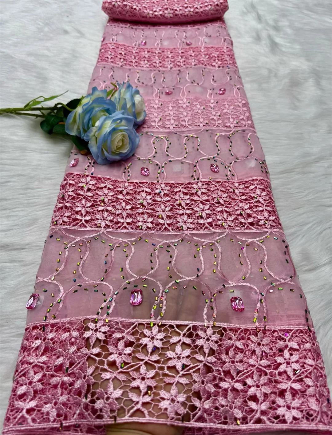 

2026 African Nigerian High Quality Embroidery Lace Fabric Water Soluble Tulle Wedding Party Dress Guipure Stone chiffon 5Yards