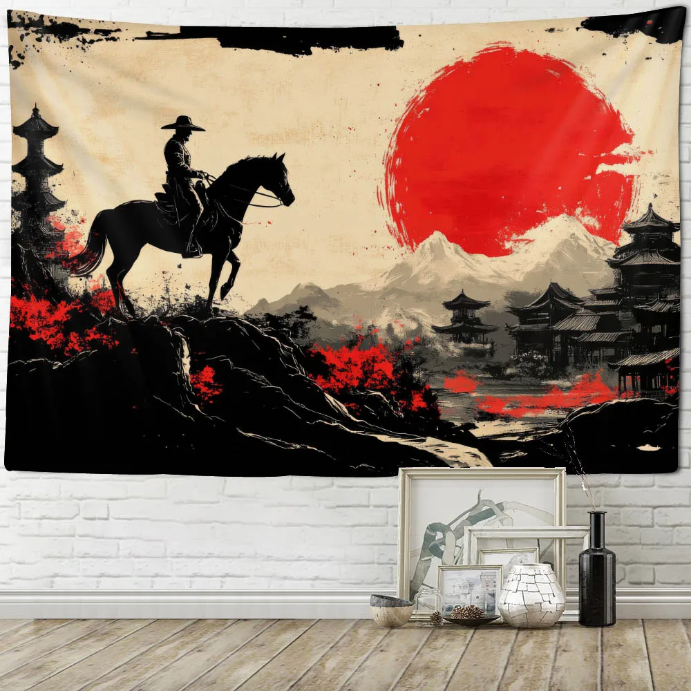 Riders and Sunset Silhouette Printed Large Tapestry Dramatic Background Home Decoration Blanket Polyester Wall Hanging Cloth
