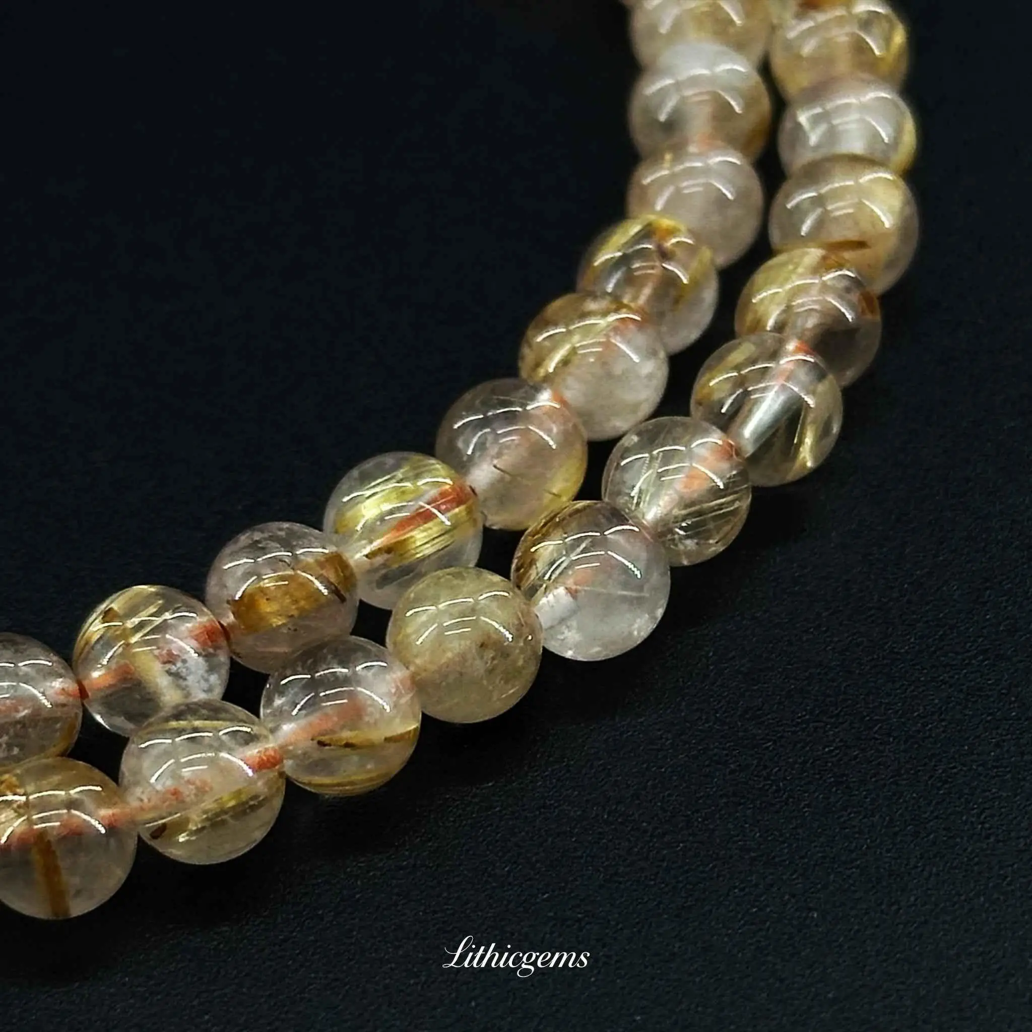Natural Rutilated Quartz Triple Wrap Bracelet –Handmade Wealth Crystal Jewelry for Career Success & Protection Gift | LithicGems