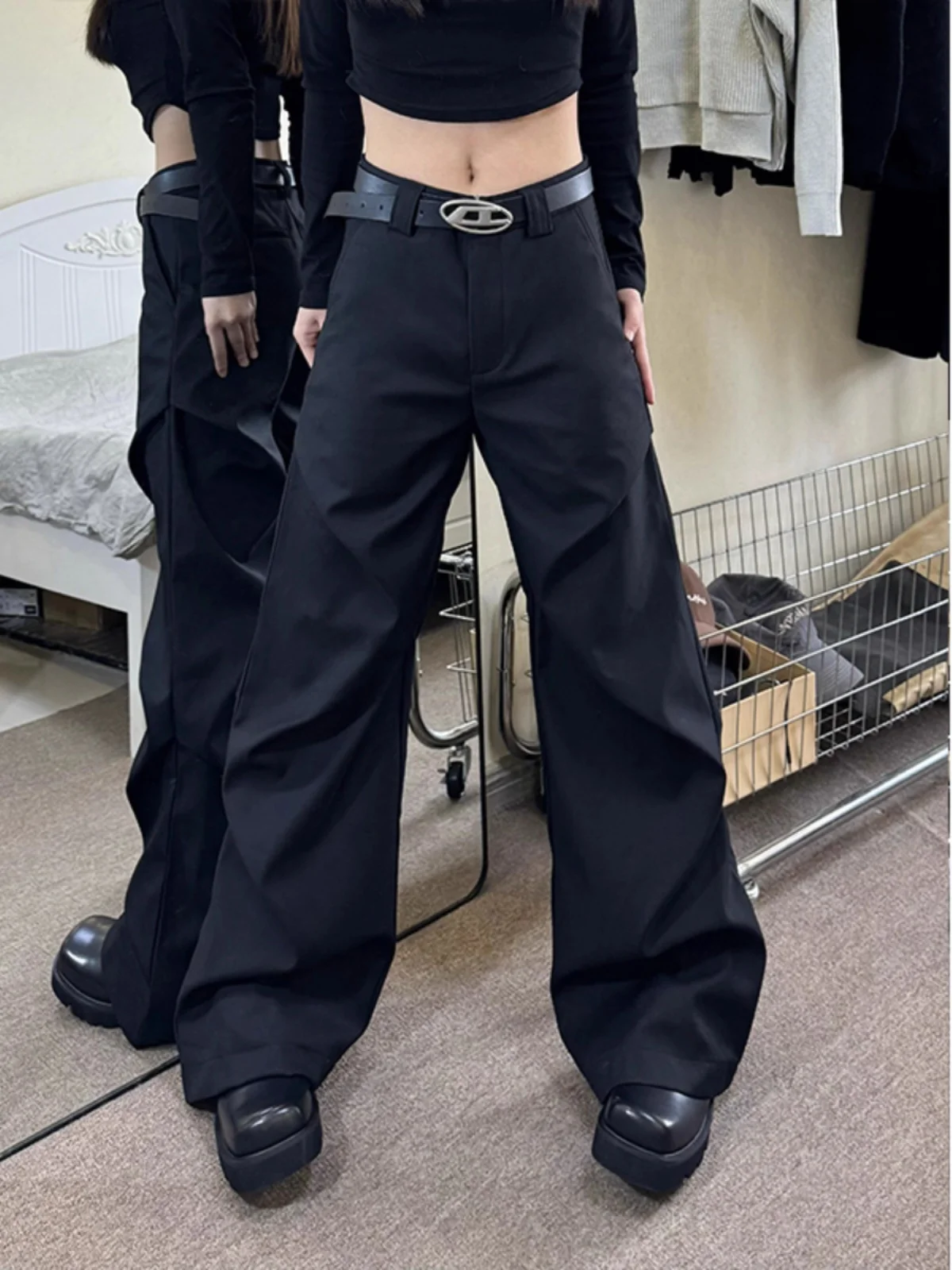 Pantaloni casual a gamba larga da uomo Ele Bla Pantaloni a pieghe dal taglio dritto vestibilità ampia Faionable Fibra di poliestere allentata Primavera Se...