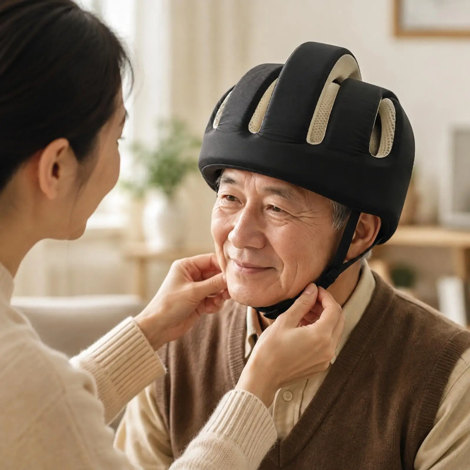 Ventilated Padded Head Cap with Chin Strap Shock-Absorbing Padded Fall Protection Cap Lightweight Elderly Safeguarding Hat for