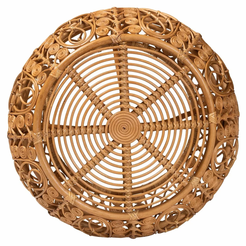 Bohemian Natural Rattan Coffee Table Round Openwork Design Lightweight Fully Assembled Indoor Use Geometric Curled Base