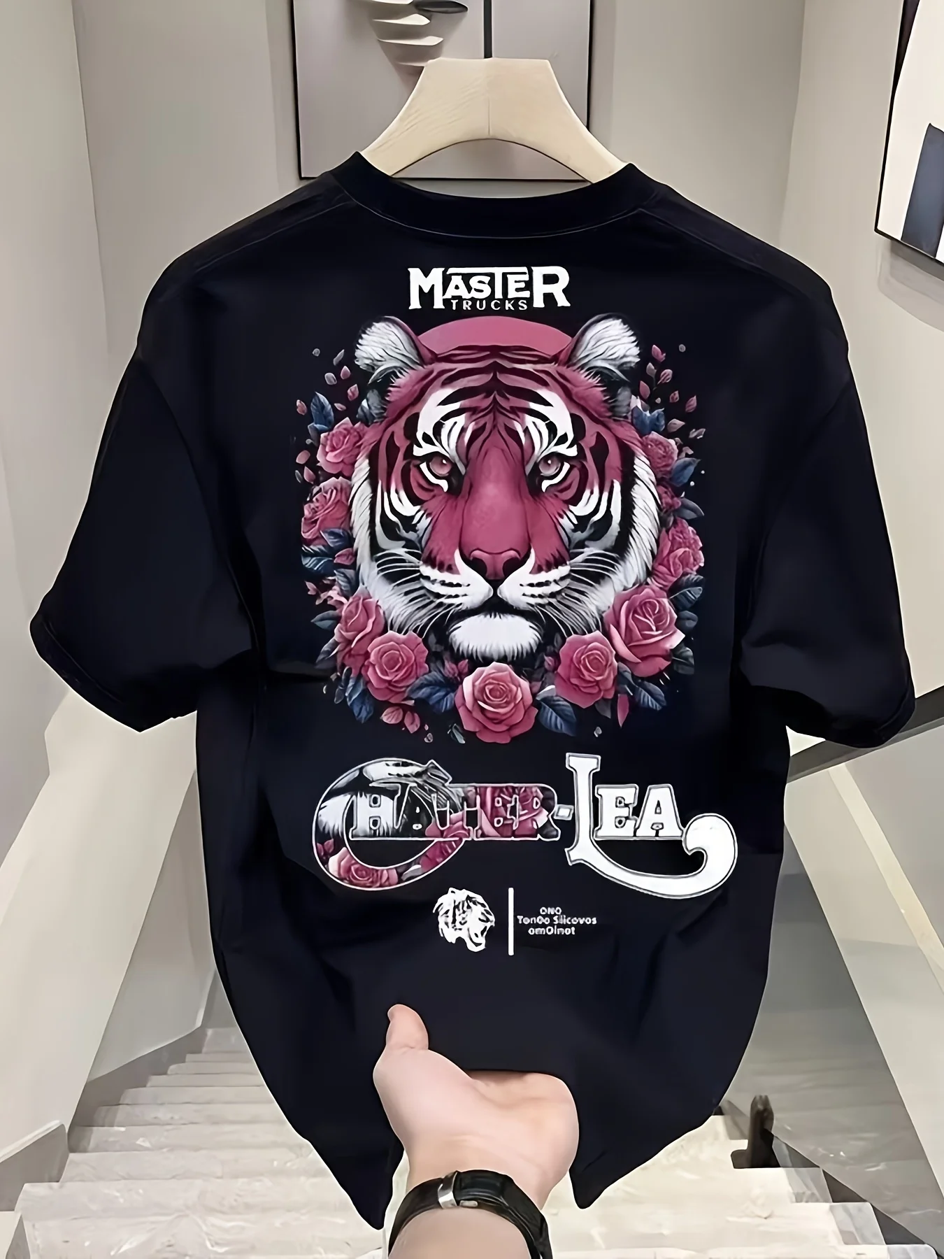 Sommer Herren 100% Baumwolle Lockeres T-Shirt Rosa Tigerkopf Rosen-Blumen Rückendruck Rundhals Kurzarm Streetwear Lässiges Tee-Oberteil – Detail 7
