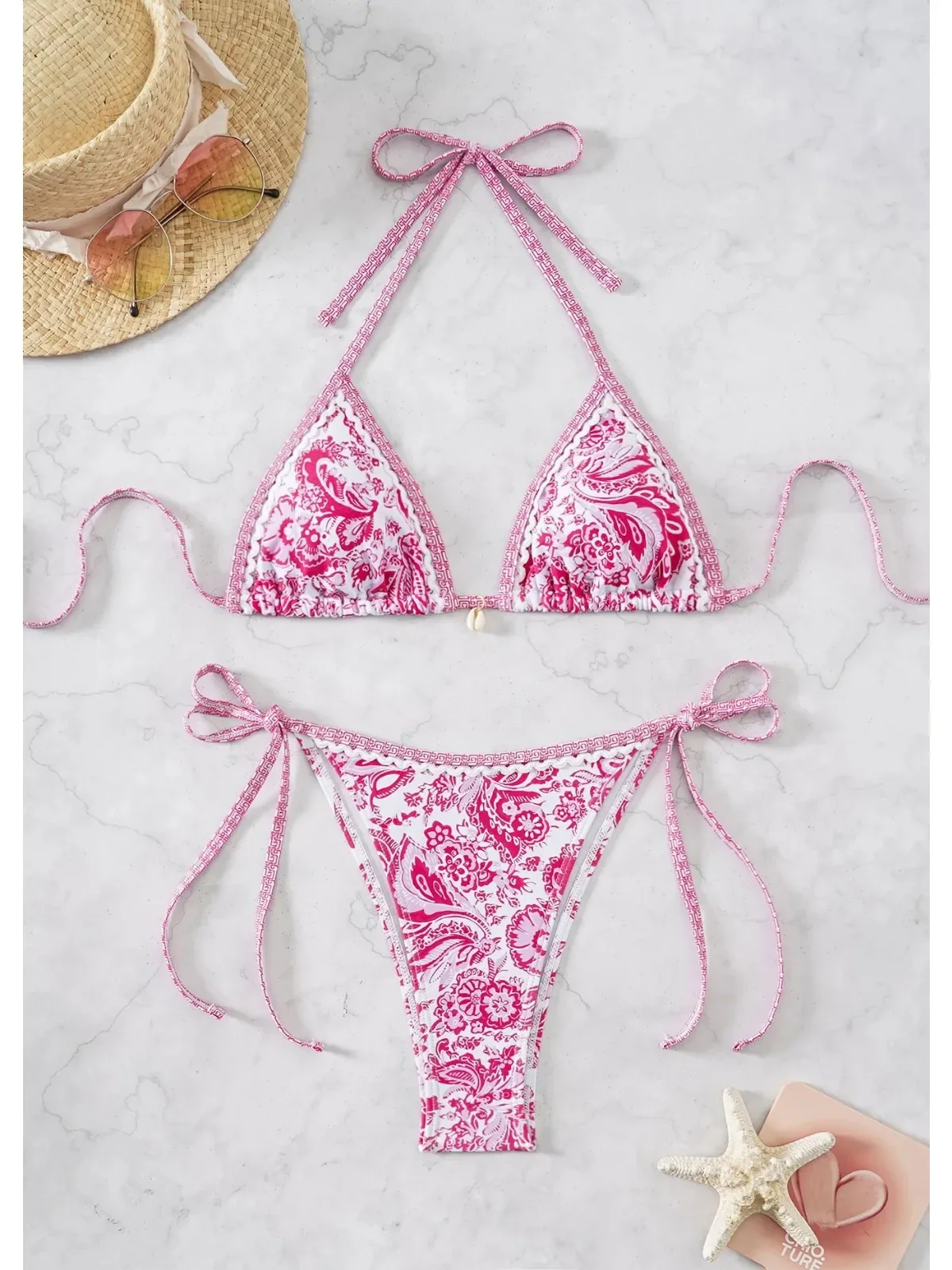 Traje de baño de dos piezas con estampado de flores para mujer, conjunto de Bikini Sexy con cuello Halter y espalda descubierta, sujetador triangular de verano 2024, traje de baño para vacaciones en la playa