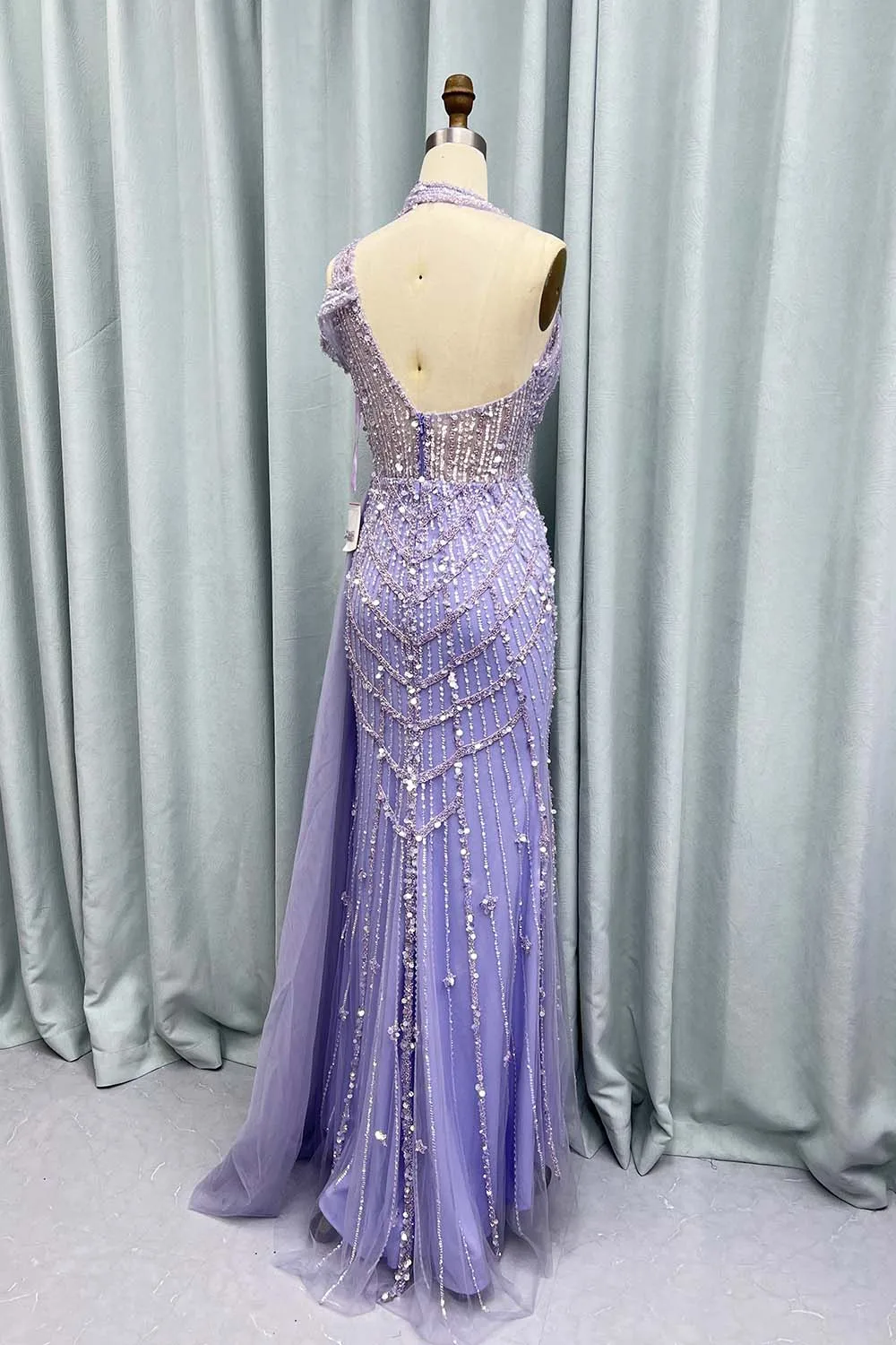 YQLNNE Lavender Handmade Beaded Long Slit Evening Dresses Mermaid Halter Tulle Weddding Party Gown