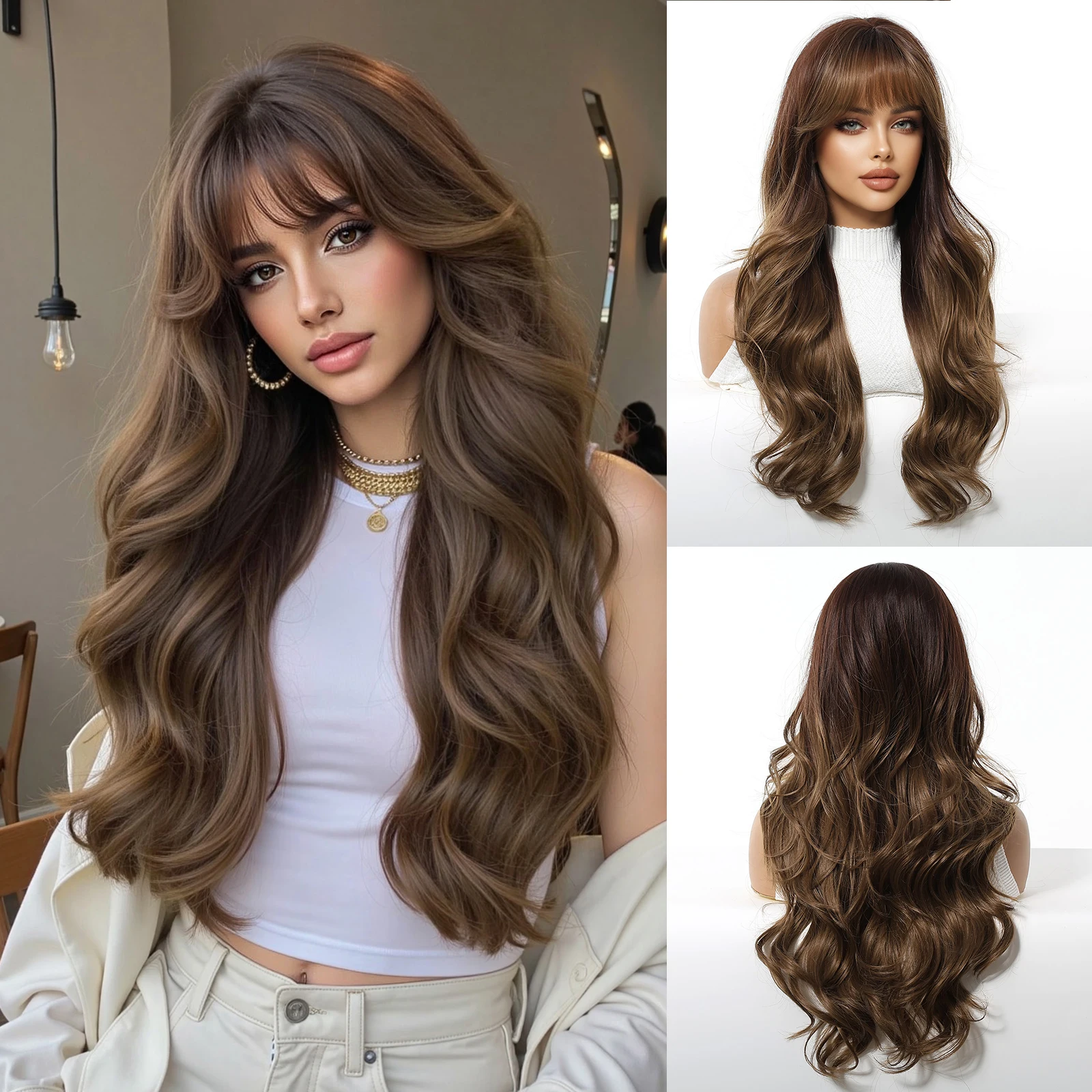 ALAN EATON Long Dark Brown Synthetic Wig Natural Wavy Wig with Bangs for Women Use Daily Cosplay Party Heat Resistant Fiber