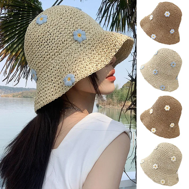 Straw Bucket Hat for Women Sweet Boho Flower Foldable Panama Visors Summer Sunscreen Uv Protection Travel Holiday Beach Sun Caps